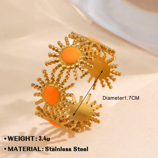 Bild von Großhandel Frauen Geschenk Sonne Emaille Offen Ring, 18K Vergoldet 304 Edelstahl, PVD Stilvoll & lässig Süß Schmuckbedarf, 18mm (US Größe 7.75), 1 Stück