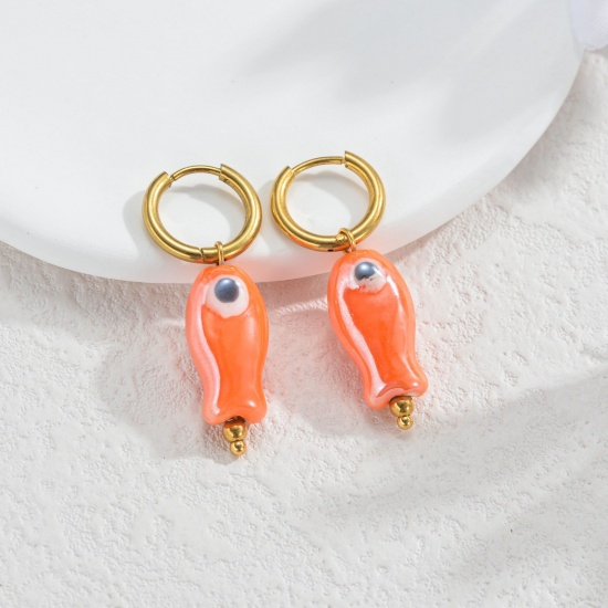 Immagine di Gioielli Oceanici Pastorale Naturale Orecchino All'Ingrosso, Tondo Pesce Placcato Oro 18K 304 Acciaio Inossidabile & Ceramica, Donne PVD Regalo Fornitura di Gioielli, 1 Paio