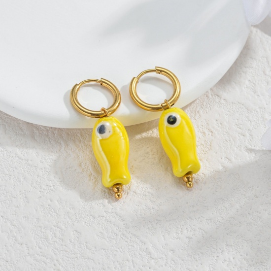 Immagine di Gioielli Oceanici Pastorale Naturale Orecchino All'Ingrosso, Tondo Pesce Placcato Oro 18K 304 Acciaio Inossidabile & Ceramica, Donne PVD Regalo Fornitura di Gioielli, 1 Paio