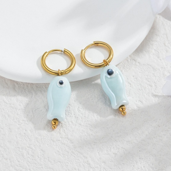Immagine di Gioielli Oceanici Pastorale Naturale Orecchino All'Ingrosso, Tondo Pesce Placcato Oro 18K 304 Acciaio Inossidabile & Ceramica, Donne PVD Regalo Fornitura di Gioielli, 1 Paio