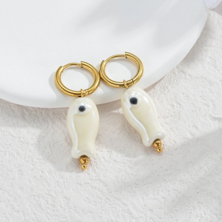 Immagine di Gioielli Oceanici Pastorale Naturale Orecchino All'Ingrosso, Tondo Pesce Placcato Oro 18K 304 Acciaio Inossidabile & Ceramica, Donne PVD Regalo Fornitura di Gioielli, 1 Paio