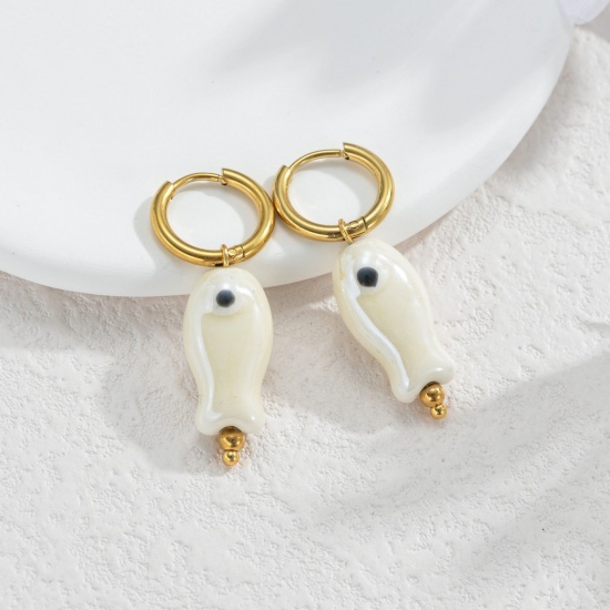 Immagine di Gioielli Oceanici Pastorale Naturale Orecchino All'Ingrosso, Tondo Pesce Placcato Oro 18K 304 Acciaio Inossidabile & Ceramica, Donne PVD Regalo Fornitura di Gioielli, 1 Paio