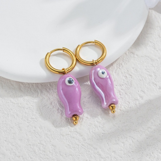 Immagine di Gioielli Oceanici Pastorale Naturale Orecchino All'Ingrosso, Tondo Pesce Placcato Oro 18K 304 Acciaio Inossidabile & Ceramica, Donne PVD Regalo Fornitura di Gioielli, 1 Paio