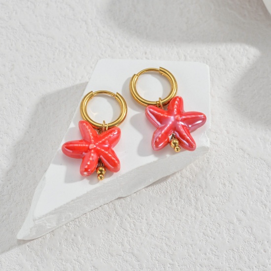 Immagine di Gioielli Oceanici Pastorale Naturale Orecchino All'Ingrosso, Tondo Stella Marina Placcato Oro 18K 304 Acciaio Inossidabile & Ceramica, Donne PVD Regalo Fornitura di Gioielli, 1 Paio