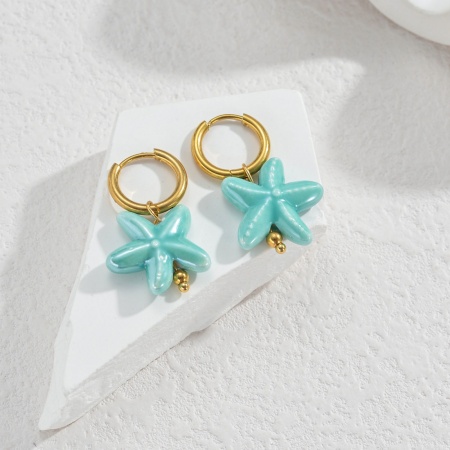 Picture of Wholesale Ocean Jewelry Natural Pastoral Earrings, Round Star Fish 18K Gold Plated 304 Stainless Steel & Ceramic, Women's PVD Gift Jewelry Supply, 1 Pair