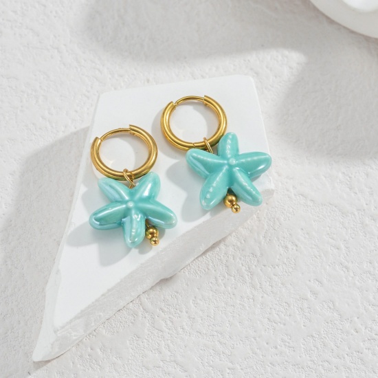 Immagine di Gioielli Oceanici Pastorale Naturale Orecchino All'Ingrosso, Tondo Stella Marina Placcato Oro 18K 304 Acciaio Inossidabile & Ceramica, Donne PVD Regalo Fornitura di Gioielli, 1 Paio
