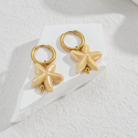 Immagine di Gioielli Oceanici Pastorale Naturale Orecchino All'Ingrosso, Tondo Stella Marina Placcato Oro 18K 304 Acciaio Inossidabile & Ceramica, Donne PVD Regalo Fornitura di Gioielli, 1 Paio