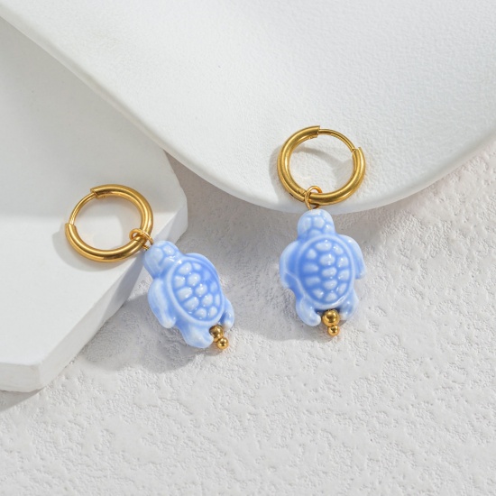 Immagine di Gioielli Oceanici Pastorale Naturale Orecchino All'Ingrosso, Tondo Tartaruga Placcato Oro 18K 304 Acciaio Inossidabile & Ceramica, Donne PVD Regalo Fornitura di Gioielli, 1 Paio