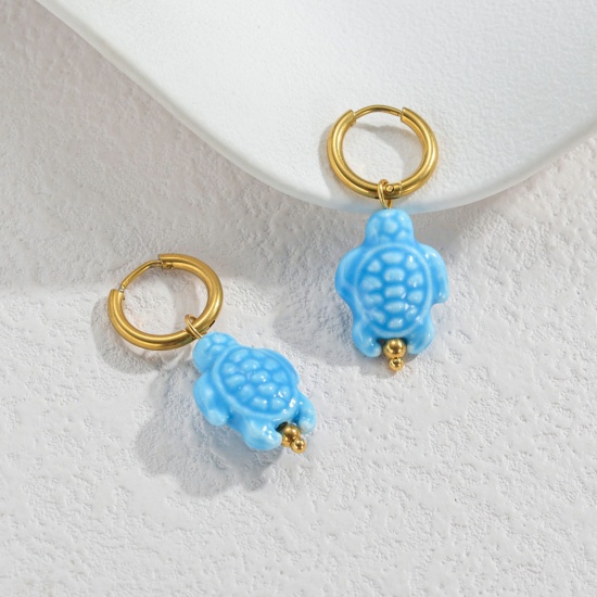 Immagine di Gioielli Oceanici Pastorale Naturale Orecchino All'Ingrosso, Tondo Tartaruga Placcato Oro 18K 304 Acciaio Inossidabile & Ceramica, Donne PVD Regalo Fornitura di Gioielli, 1 Paio