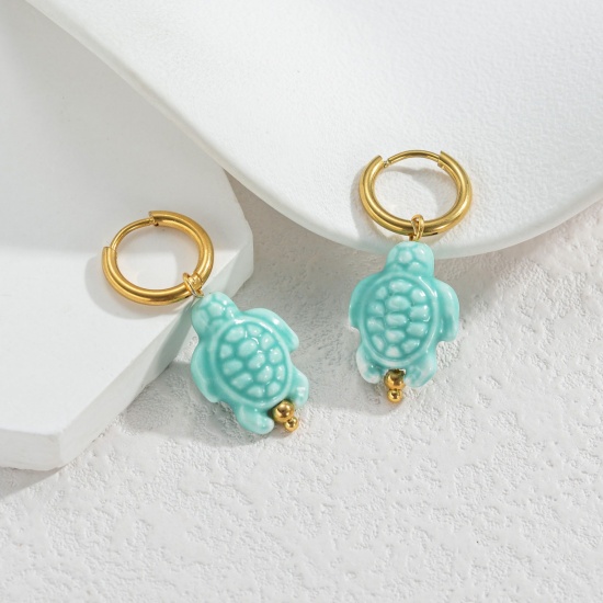 Immagine di Gioielli Oceanici Pastorale Naturale Orecchino All'Ingrosso, Tondo Tartaruga Placcato Oro 18K 304 Acciaio Inossidabile & Ceramica, Donne PVD Regalo Fornitura di Gioielli, 1 Paio