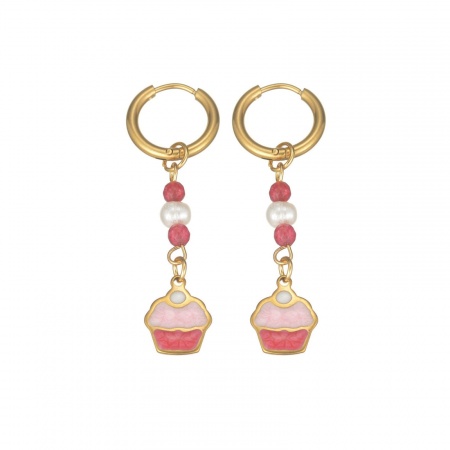 Picture of Wholesale Stylish Natural Pastoral Earrings, Round Ice cream Pink & Fuchsia Enamel 18K Gold Plated 304 Stainless Steel, Women's PVD Gift Jewelry Supply, 1 Pair