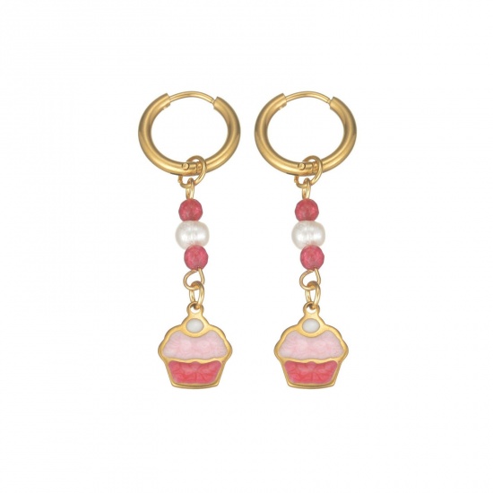 Immagine di Elegante Pastorale Naturale Orecchino All'Ingrosso, Tondo Gelatto Rosa & Fucsia Smalto Placcato Oro 18K 304 Acciaio Inossidabile, Donne PVD Regalo Fornitura di Gioielli, 1 Paio