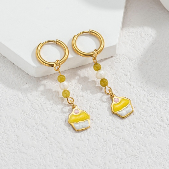 Immagine di Elegante Pastorale Naturale Orecchino All'Ingrosso, Tondo Gelatto Giallo Smalto Placcato Oro 18K 304 Acciaio Inossidabile, Donne PVD Regalo Fornitura di Gioielli, 1 Paio