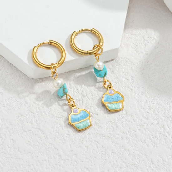 Immagine di Elegante Pastorale Naturale Orecchino All'Ingrosso, Tondo Gelatto Blu Smalto Placcato Oro 18K 304 Acciaio Inossidabile, Donne PVD Regalo Fornitura di Gioielli, 1 Paio