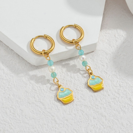Immagine di Elegante Pastorale Naturale Orecchino All'Ingrosso, Tondo Gelatto Giallo Pallido & Verde Smalto Placcato Oro 18K 304 Acciaio Inossidabile & Ceramica, Donne PVD Regalo Fornitura di Gioielli, 1 Paio