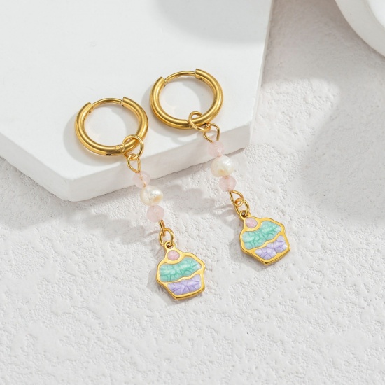 Immagine di Elegante Pastorale Naturale Orecchino All'Ingrosso, Tondo Gelatto Viola & Verde Smalto Placcato Oro 18K 304 Acciaio Inossidabile, Donne PVD Regalo Fornitura di Gioielli, 1 Paio