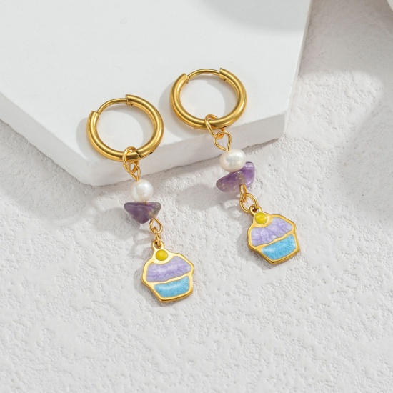 Immagine di Elegante Pastorale Naturale Orecchino All'Ingrosso, Tondo Gelatto Blu Pallido & Viola Smalto Placcato Oro 18K 304 Acciaio Inossidabile, Donne PVD Regalo Fornitura di Gioielli, 1 Paio