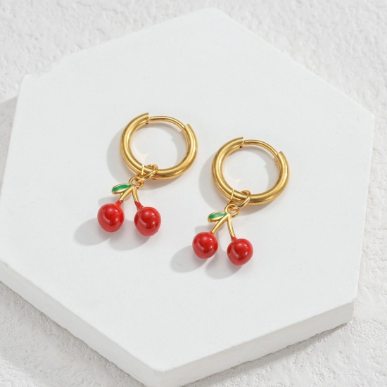 Immagine di Elegante Pastorale Naturale Orecchino All'Ingrosso, Tondo Ciliegia Rosso Smalto Placcato Oro 18K 304 Acciaio Inossidabile, Donne PVD Regalo Fornitura di Gioielli, 1 Paio