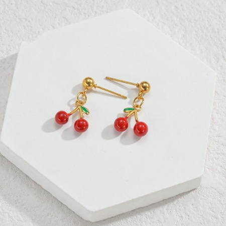 Picture of Wholesale Stylish Natural Pastoral Earrings, Round Cherry Fruit Red Enamel 18K Gold Plated 304 Stainless Steel, Women's PVD Gift Jewelry Supply, 1 Pair