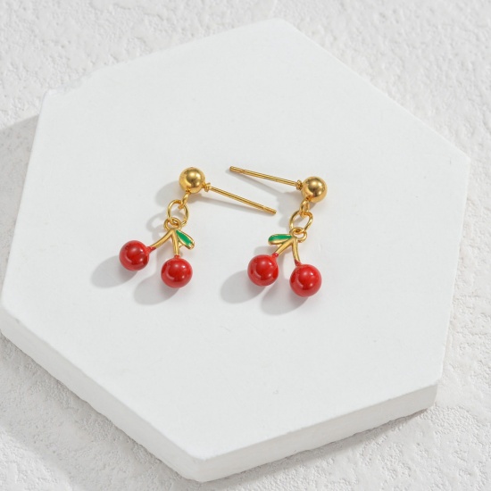 Immagine di Elegante Pastorale Naturale Orecchino All'Ingrosso, Tondo Ciliegia Rosso Smalto Placcato Oro 18K 304 Acciaio Inossidabile, Donne PVD Regalo Fornitura di Gioielli, 1 Paio