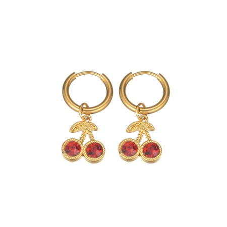 Picture of Wholesale Stylish Natural Pastoral Earrings, Round Cherry Fruit Red Rhinestone 18K Gold Plated 304 Stainless Steel, Women's PVD Gift Jewelry Supply, 1 Pair