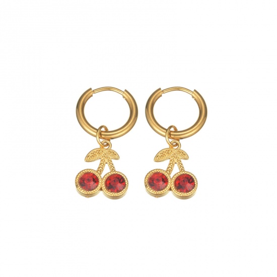 Immagine di Elegante Pastorale Naturale Orecchino All'Ingrosso, Tondo Ciliegia Rosso Strass Placcato Oro 18K 304 Acciaio Inossidabile, Donne PVD Regalo Fornitura di Gioielli, 1 Paio