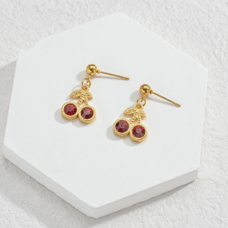 Picture of Wholesale Stylish Natural Pastoral Earrings, Round Cherry Fruit Red Rhinestone 18K Gold Plated 304 Stainless Steel, Women's PVD Gift Jewelry Supply, 1 Pair