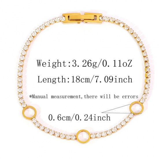 Picture of Wholesale Round Clear Cubic Zirconia 304 Stainless Steel Tennis Bracelet, 18K Gold Plated Eco-friendly Vacuum Plating, Unisex Elegant Minimalist Gift Jewelry Supply, 18cm(7.1") long, 1 Piece