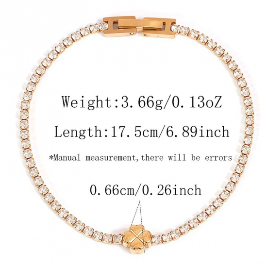 Picture of Wholesale Four Leaf Clover Clear Cubic Zirconia 304 Stainless Steel Tennis Bracelet, 18K Gold Plated Eco-friendly Vacuum Plating, Unisex Elegant Minimalist Gift Jewelry Supply, 17.5cm(6 7/8") long, 1 Piece
