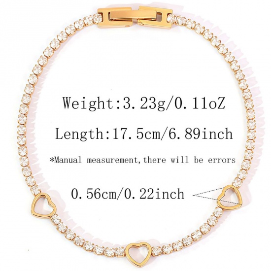 Picture of Wholesale Heart Clear Cubic Zirconia 304 Stainless Steel Tennis Bracelet, 18K Gold Plated Eco-friendly Vacuum Plating, Unisex Elegant Minimalist Gift Jewelry Supply, 17.5cm(6 7/8") long, 1 Piece