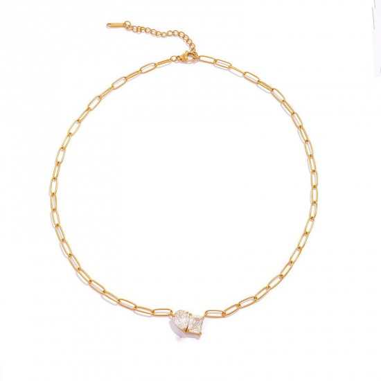 Picture of Wholesale Clear Cubic Zirconia Pendant Charm Necklace, 18K Gold Plated 304 Stainless Steel Paperclip Link Chain, Unisex Eco-friendly Vacuum Plating Exquisite Dainty Gift Jewelry For Retailer, 47.5cm(18.7") long, 1 Piece