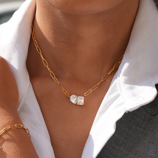 Picture of Wholesale Clear Cubic Zirconia Pendant Charm Necklace, 18K Gold Plated 304 Stainless Steel Paperclip Link Chain, Unisex Eco-friendly Vacuum Plating Exquisite Dainty Gift Jewelry For Retailer, 47.5cm(18.7") long, 1 Piece