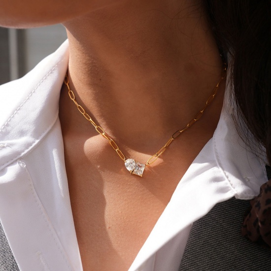 Picture of Wholesale Clear Cubic Zirconia Pendant Charm Necklace, 18K Gold Plated 304 Stainless Steel Paperclip Link Chain, Unisex Eco-friendly Vacuum Plating Exquisite Dainty Gift Jewelry For Retailer, 47.5cm(18.7") long, 1 Piece
