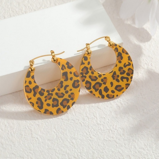 Picture of Wholesale Ins Style Stylish Hoop Earrings, Round Leopard Print Brown Printed 18K Gold Plated 304 Stainless Steel, Women's Eco-friendly Vacuum Plating Gift Jewelry Supply, 3.6cm x 3.4cm, 1 Pair