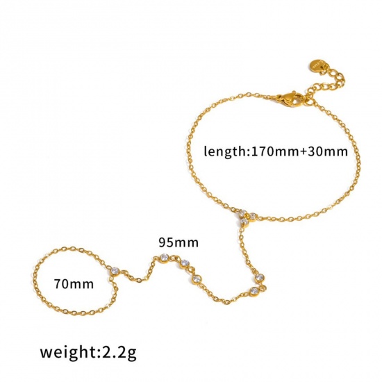 Immagine di Trasparente Strass 304 Acciaio Inossidabile Bracciale anello di mano catena Slave All'Ingrosso, Placcato Oro 18K Placcatura Sottovuoto Ecologica, Donne Stile Ins Elegante Regalo Fornitura di Gioielli, 17cm + 3cm Lunghezza, 1 Pz