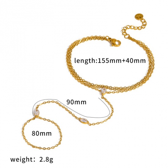 Immagine di Trasparente Strass 304 Acciaio Inossidabile Bracciale anello di mano catena Slave All'Ingrosso, Placcato Oro 18K Placcatura Sottovuoto Ecologica, Donne Stile Ins Elegante Regalo Fornitura di Gioielli, 15.5cm + 4cm Lunghezza, 1 Pz