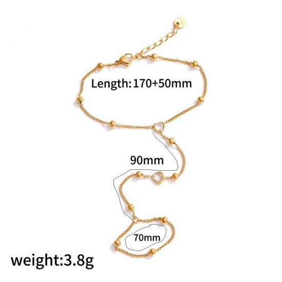 Immagine di Trasparente Strass 304 Acciaio Inossidabile Bracciale anello di mano catena Slave All'Ingrosso, Placcato Oro 18K Placcatura Sottovuoto Ecologica, Donne Stile Ins Elegante Regalo Fornitura di Gioielli, 17cm + 5cm Lunghezza, 1 Pz