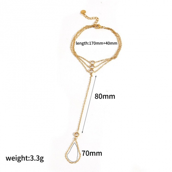 Immagine di Trasparente Strass 304 Acciaio Inossidabile Bracciale anello di mano catena Slave All'Ingrosso, Placcato Oro 18K Placcatura Sottovuoto Ecologica, Donne Stile Ins Elegante Regalo Fornitura di Gioielli, 17cm + 4cm Lunghezza, 1 Pz