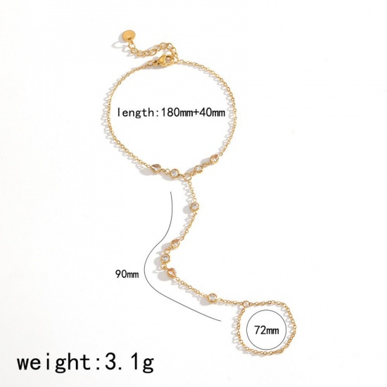 Immagine di Trasparente Strass 304 Acciaio Inossidabile Bracciale anello di mano catena Slave All'Ingrosso, Placcato Oro 18K Placcatura Sottovuoto Ecologica, Donne Stile Ins Elegante Regalo Fornitura di Gioielli, 18cm + 4cm Lunghezza, 1 Pz