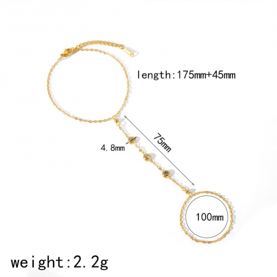 Immagine di Trasparente Strass 304 Acciaio Inossidabile Bracciale anello di mano catena Slave All'Ingrosso, Placcato Oro 18K Placcatura Sottovuoto Ecologica, Donne Stile Ins Elegante Regalo Fornitura di Gioielli, 17.5cm + 4.5cm Lunghezza, 1 Pz
