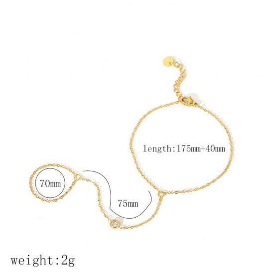 Immagine di Trasparente Strass 304 Acciaio Inossidabile Bracciale anello di mano catena Slave All'Ingrosso, Placcato Oro 18K Placcatura Sottovuoto Ecologica, Donne Stile Ins Elegante Regalo Fornitura di Gioielli, 17.5cm + 4cm Lunghezza, 1 Pz