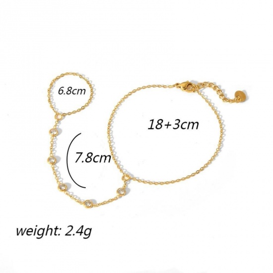 Immagine di Trasparente Strass 304 Acciaio Inossidabile Bracciale anello di mano catena Slave All'Ingrosso, Placcato Oro 18K Placcatura Sottovuoto Ecologica, Donne Stile Ins Elegante Regalo Fornitura di Gioielli, 18cm + 3cm Lunghezza, 1 Pz