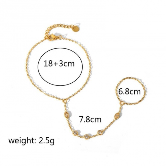 Immagine di Trasparente Strass 304 Acciaio Inossidabile Bracciale anello di mano catena Slave All'Ingrosso, Placcato Oro 18K Placcatura Sottovuoto Ecologica, Donne Stile Ins Elegante Regalo Fornitura di Gioielli, 18cm + 3cm Lunghezza, 1 Pz