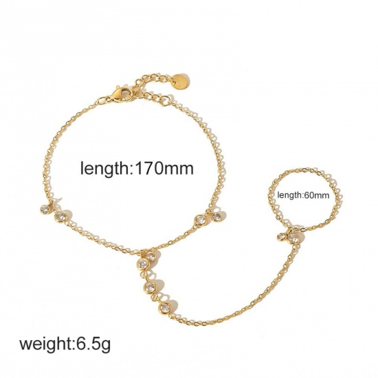 Immagine di Trasparente Strass 304 Acciaio Inossidabile Bracciale anello di mano catena Slave All'Ingrosso, Placcato Oro 18K Placcatura Sottovuoto Ecologica, Donne Stile Ins Elegante Regalo Fornitura di Gioielli, 17cm + 4cm Lunghezza, 1 Pz