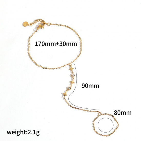 Immagine di Trasparente Strass 304 Acciaio Inossidabile Bracciale anello di mano catena Slave All'Ingrosso, Placcato Oro 18K Placcatura Sottovuoto Ecologica, Donne Stile Ins Elegante Regalo Fornitura di Gioielli, 17cm + 3cm Lunghezza, 1 Pz