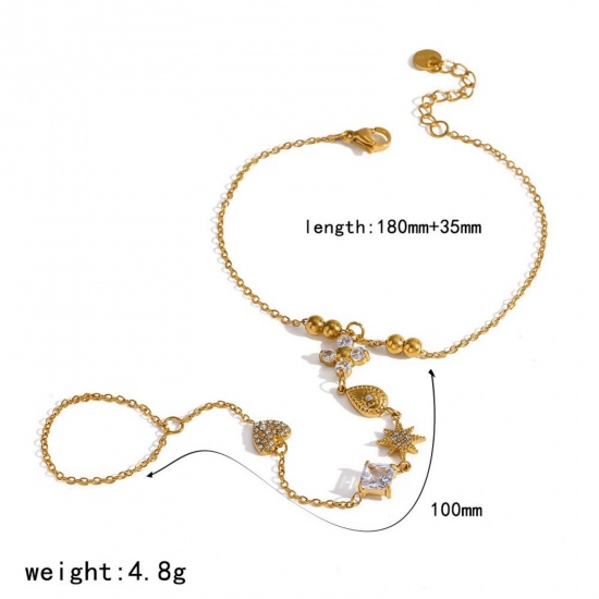 Immagine di Trasparente Strass 304 Acciaio Inossidabile Bracciale anello di mano catena Slave All'Ingrosso, Placcato Oro 18K Placcatura Sottovuoto Ecologica, Donne Stile Ins Elegante Regalo Fornitura di Gioielli, 18cm + 3.5cm Lunghezza, 1 Pz