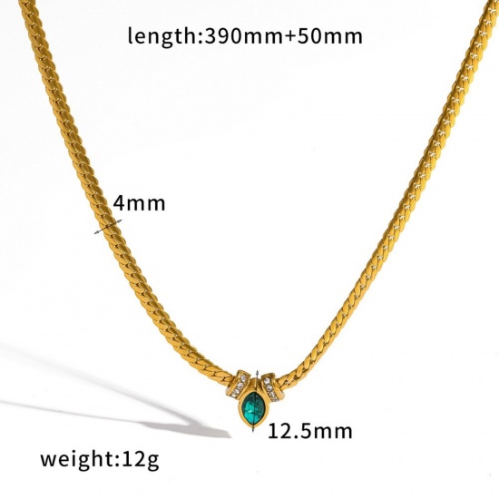 Picture of Wholesale Marquise Green Cubic Zirconia Pendant Charm Necklace, 18K Gold Plated 304 Stainless Steel Cuban Link Chain, Unisex Eco-friendly Vacuum Plating Ins Style Stylish Gift Jewelry For Retailer, 39cm(15.4") + 5cm(2") long, 1 Piece