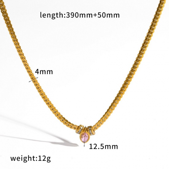 Picture of Wholesale Marquise Pink Cubic Zirconia Pendant Charm Necklace, 18K Gold Plated 304 Stainless Steel Cuban Link Chain, Unisex Eco-friendly Vacuum Plating Ins Style Stylish Gift Jewelry For Retailer, 39cm(15.4") + 5cm(2") long, 1 Piece