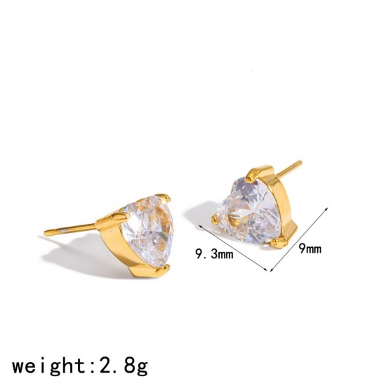 Immagine di Squisito Elegante Orecchini a Perno All'Ingrosso, Cuore Trasparente Circonio Cubico Placcato Oro 18K 304 Acciaio Inossidabile, Unisex Placcatura Sottovuoto Ecologica Regalo Fornitura di Gioielli, 9.3mm x 9mm, 1 Paio