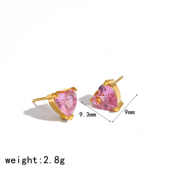 Immagine di Squisito Elegante Orecchini a Perno All'Ingrosso, Cuore Rosa Circonio Cubico Placcato Oro 18K 304 Acciaio Inossidabile, Unisex Placcatura Sottovuoto Ecologica Regalo Fornitura di Gioielli, 9.3mm x 9mm, 1 Paio
